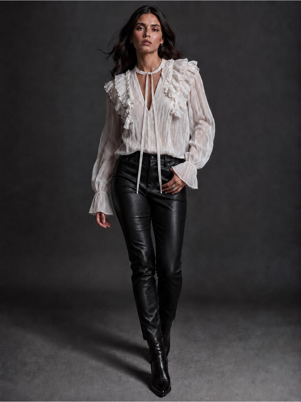 Ivory Crinkled Ruffle Tie Neck Sheer Poet Blouse | Romantic Goth Rockstar